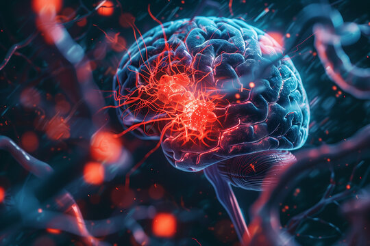 Medical illustration of a brain with highlighted areas indicating trauma, detailed view of injury zones, educational focus