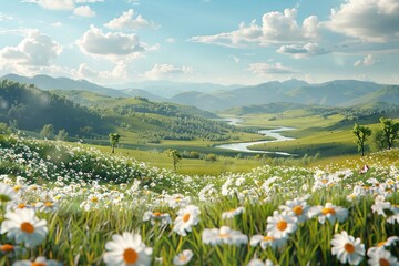 Idyllic Countryside Landscape with Rolling Hills and River

