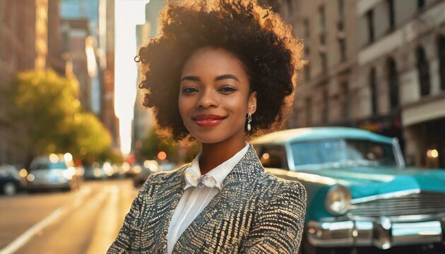  beautiful young woman dressed in 50s retro style with stylish hair stands on the street of old new york with cars, vintage fashion, feminine girl