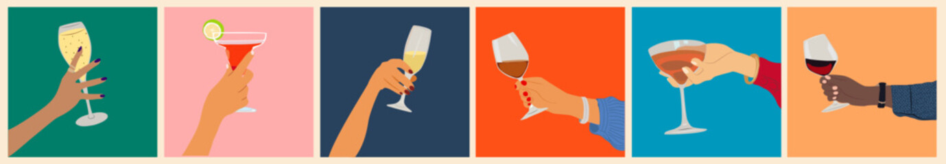 Set of different female, male hands holding glass of Champagne, sparkling wine, cocktail. Vector illustration isolated on colorful background. Celebration concept. Christmas, New Year, Birthday card. - obrazy, fototapety, plakaty