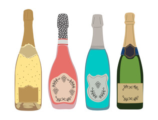 Set of different Champagne bottles. Prosecco, brut, rose, blue sparkling wine. Celebration Christmas, New Year, wedding, anniversary traditional alcohol drinks. Vector illustrations isolated on white.