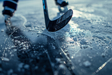 Close-up of a hockey stick on ice, detailed texture, cold and competitive atmosphere, from a low angle, bright lighting highlighting the ice scratches