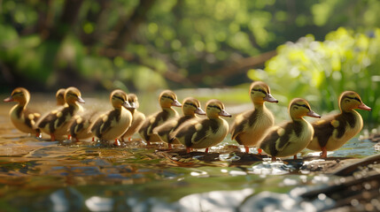 Close-up of a queue of ducklings following in a row, Detailed feathers and expressions, Background of a gently flowing stream