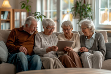 Group of senior friends sharing memories with a tablet, National Grandparents Day, International Day of Older Persons, Smiling and engaging in conversation, Warm and comfortable mood