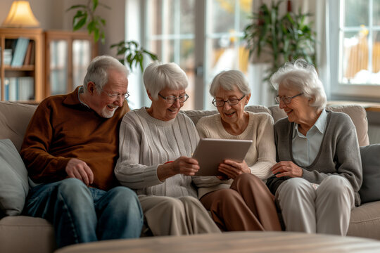 Group of senior friends sharing memories with a tablet, National Grandparents Day, International Day of Older Persons, Smiling and engaging in conversation, Warm and comfortable mood