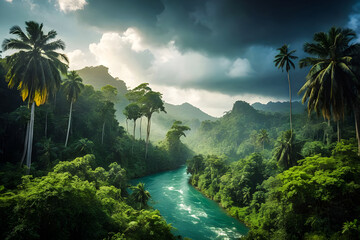 Deep tropical forest in the morning realistic photography generative ai photo.
