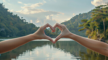 Couple's hands making a heart shape together, Picturesque outdoor setting with a lake, Intimate and bonding moment, Soft focus on the landscape