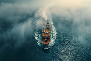 Papier Peint photo Vert bleu Smart Shipping Services: Aerial View of Cargo Ship at Sea  