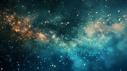 Blue Space Background Adorned with Sparkling Stars and Soft Bokeh, Enhanced with Tones of Light Gold and Dark Emerald - obrazy, fototapety, plakaty