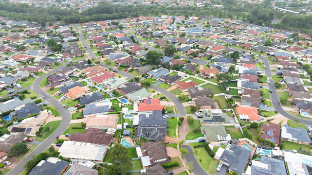 Drone aerial photograph of residential houses and surroundings in the greater Sydney suburb of Glenmore Park in New South Wales in Australia