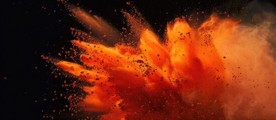 A dynamic explosion of red and orange powder bursting against a stark black background, creating a visually striking contrast and a sense of intense energy and movement. The vibrant colors create a
