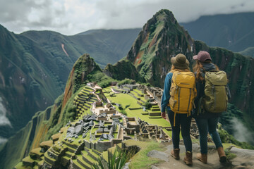 Travelers Gazing Over the Ancient Inca City of Machu Picchu Amidst Majestic Mountains - obrazy, fototapety, plakaty