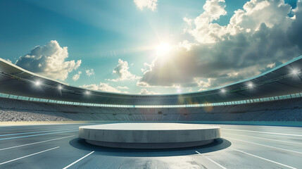 Olympic podium empty, Anticipating winners, Stadium and cheering crowd in the background, Focus on the potential and prestige