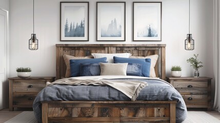 Interior design of modern bedroom with a large wooden bed with navy blue pillows and gray blanket, wooden bedside tables and paintings on the wall