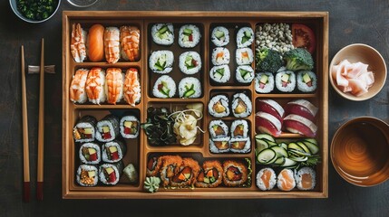 Fototapeta na wymiar Organized Lunch: Wooden Bento Box with Fresh Ingredients