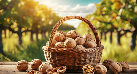  Basket full of walnuts on table in walnut field  - Powered by Adobe