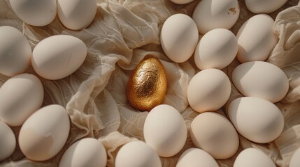 A striking contrast emerges as a single golden egg, nestled among a cluster of white counterparts on a textured surface, serves as a powerful symbol of individuality and exceptional worth. - obrazy, fototapety, plakaty