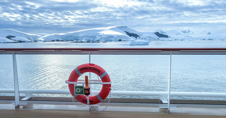 life buoy on a ship overlooking Antarctica