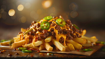 Loaded cheese fries with chili and jalapenos - obrazy, fototapety, plakaty