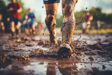 close up shot of a rugby player s muddy legs, capturing the intensity and determination of the sport. - Powered by Adobe