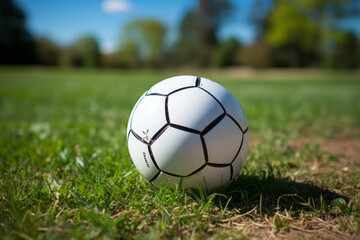 Fototapeta premium Capture a dynamic shot of a soccer ball in motion on a vibrant football field, with the stands in the background.