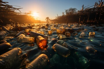 Plastic bottles and garbage in river, environmental issues and pollution concept