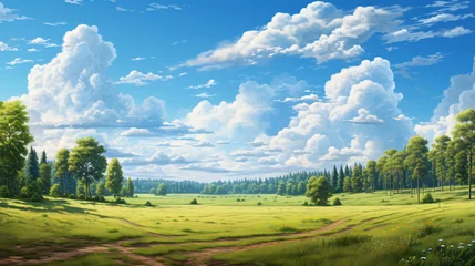 Poster Panoramic landscape of meadow field with trees © asmara