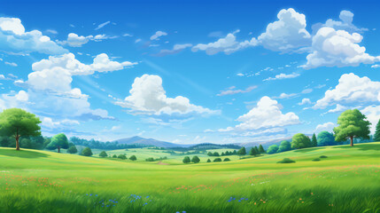 Panoramic landscape of meadow field with trees
