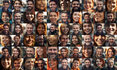 collage of European adult men and women smiling, collage of portrait, grid of 60 cheerful faces, group photo