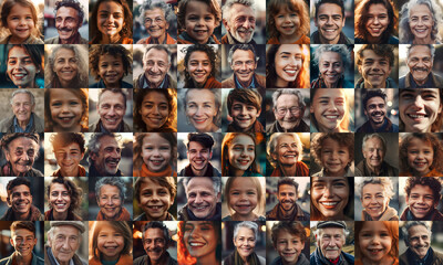 collage of European people smiling, collage of portrait, grid of 60 cheerful faces, group photo - obrazy, fototapety, plakaty