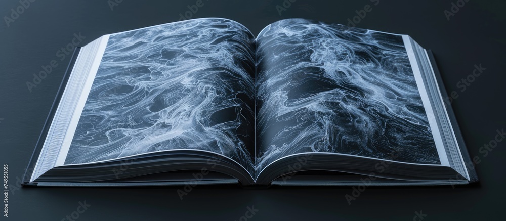 Aufkleber an open book resting on a table against a black background. the pages are spread out, revealing text