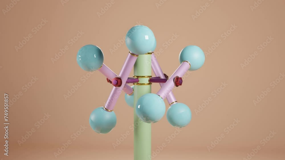 Poster dynamic geometric mill-like structure: abstract 3d animation with four-sided blades and spheres at e