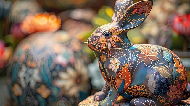 Coelho adornado com padr&otilde;es batik florais detalhados, em um fundo desfocado colorido.