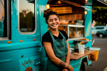 smiling food vendor standing in front of an open food truck