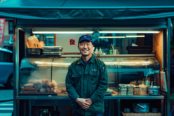 Fototapeta na wymiar asian street food vendor standing in front of his truck