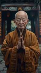Fototapeta na wymiar Elderly Chinese Monk in Traditional Robes: Wisdom of Eight Decades
