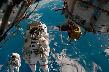 astronauts pose near earth from an international space station - Powered by Adobe