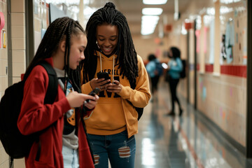 students with cell phones talking in a hallway