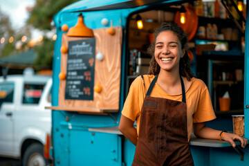 smiling food vendor standing in front of an open food truck - 749552098