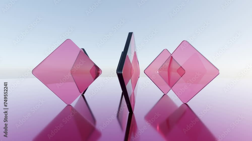 Aufkleber dynamic geometric rotating plates: abstract 3d animation of transparent pink glass plates rotating o