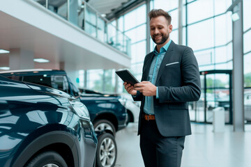 man in suit standing with digital tablet beside a vehicle in car salesmen showroom