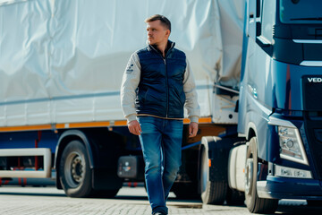 truck driver in vest and jeans walking near a truck