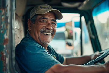 man smiles while riding in the cab of a transport truck