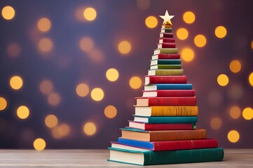 Holiday book sale for Christmas reading. Creative Books in the form of Christmas tree on bokeh background with copy space. Minimalist tree made of stacked books. Book lover’s day August 9  - obrazy, fototapety, plakaty