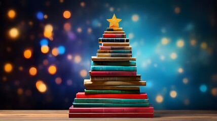 Holiday book sale for Christmas reading. Creative Books in the form of Christmas tree on bokeh background with copy space. Minimalist tree made of stacked books. Book lover’s day August 9  - obrazy, fototapety, plakaty