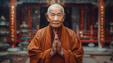 Elderly Chinese Monk in Traditional Robes: Wisdom of Eight Decades - obrazy, fototapety, plakaty