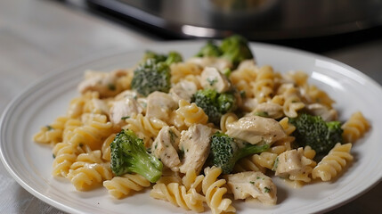 Creamy chicken and broccoli pasta on plate - obrazy, fototapety, plakaty