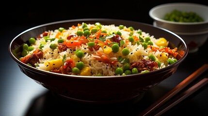 Delicious homemade fried rice sprinkled with shallots and a little green vegetables - obrazy, fototapety, plakaty