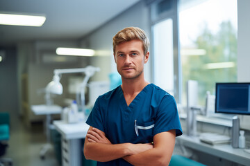 Young handsome blonde man with doctor uniform