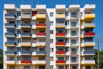 background of the facade of a multi-storey building with bright multi-colored balconies
